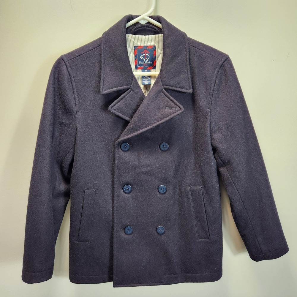 Brooks Brothers Fleece Boys Navy Blue Wool Blend Double Breasted Pea Coat Size M